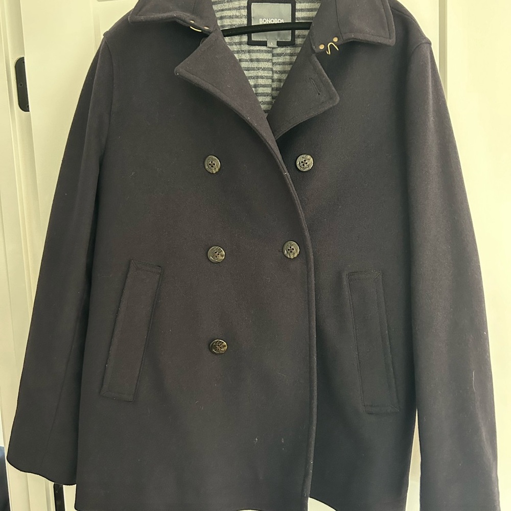Bonobos Blue Pea Coat with Wide Lapel and Relaxed Fit